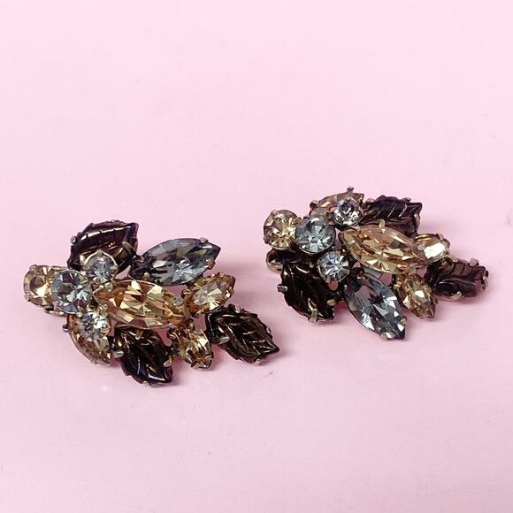 Regency Vintage Clip-On Earrings | Brown Rhinestones | 1970 - Picture 1 of 4